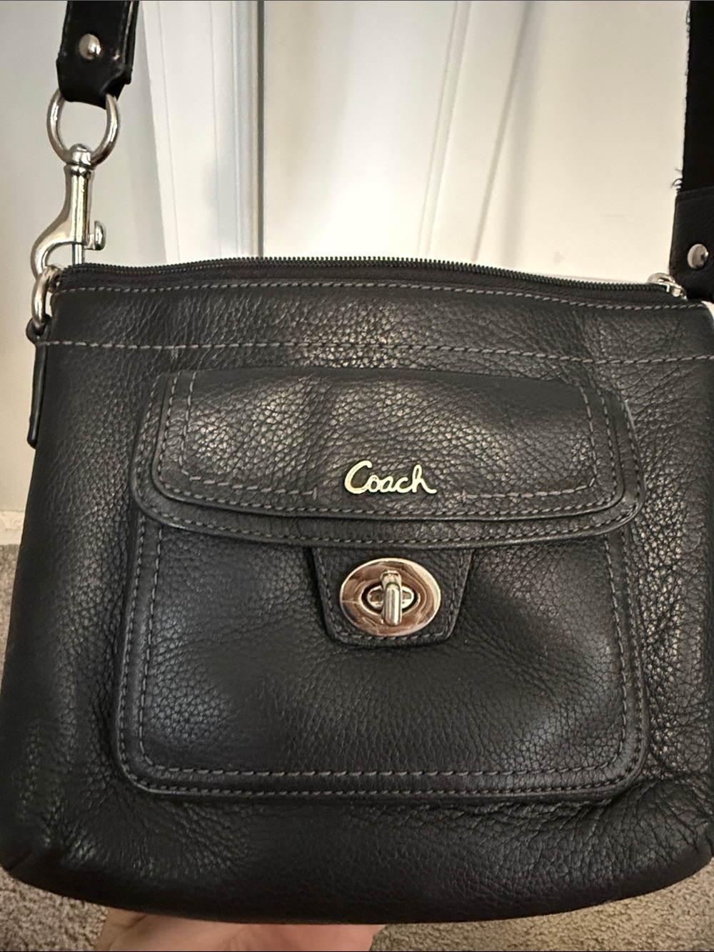 Coach Black Pebbled Leather Crossbody with Turnlock Front Pocket